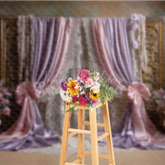 Lofaris Elegant Pink and Lavender Draped Curtains Photography Backdrop Golden Frame Lace Floral Decor for Portraits