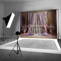 Lofaris Elegant Pink and Lavender Draped Curtains Photography Backdrop Golden Frame Lace Floral Decor for Portraits