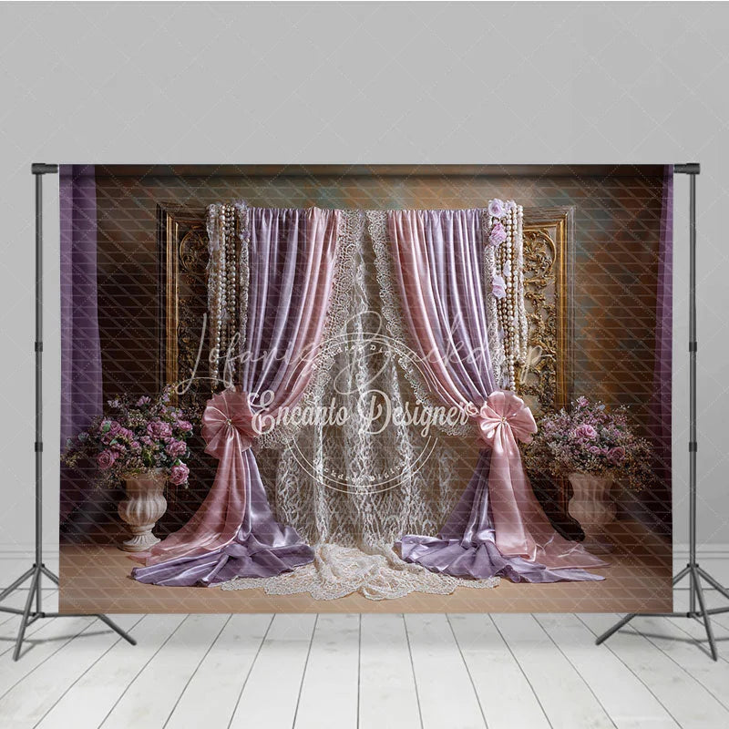 Lofaris Elegant Pink and Lavender Draped Curtains Photography Backdrop Golden Frame Lace Floral Decor for Portraits