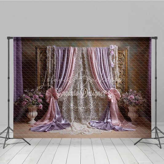 Lofaris Elegant Pink and Lavender Draped Curtains Photography Backdrop Golden Frame Lace Floral Decor for Portraits