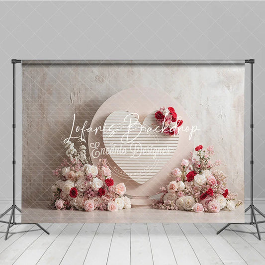Lofaris Elegant Pink and Red Roses Floral Heart Photography Backdrop with Textured Wall Romantic Celebration Decor