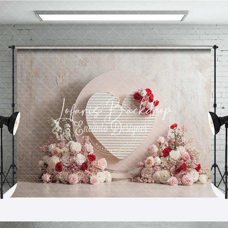 Lofaris Elegant Pink and Red Roses Floral Heart Photography Backdrop with Textured Wall Romantic Celebration Decor