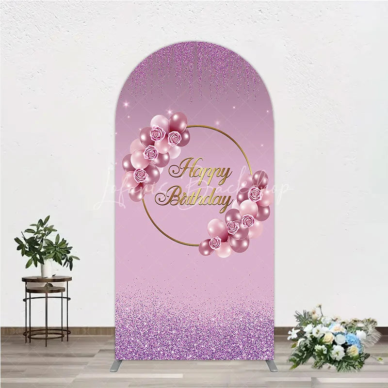 Lofaris Elegant Pink and Rose Gold Balloons with Roses Happy Birthday Arch Backdrop Kit Purple Glitter Party Decor