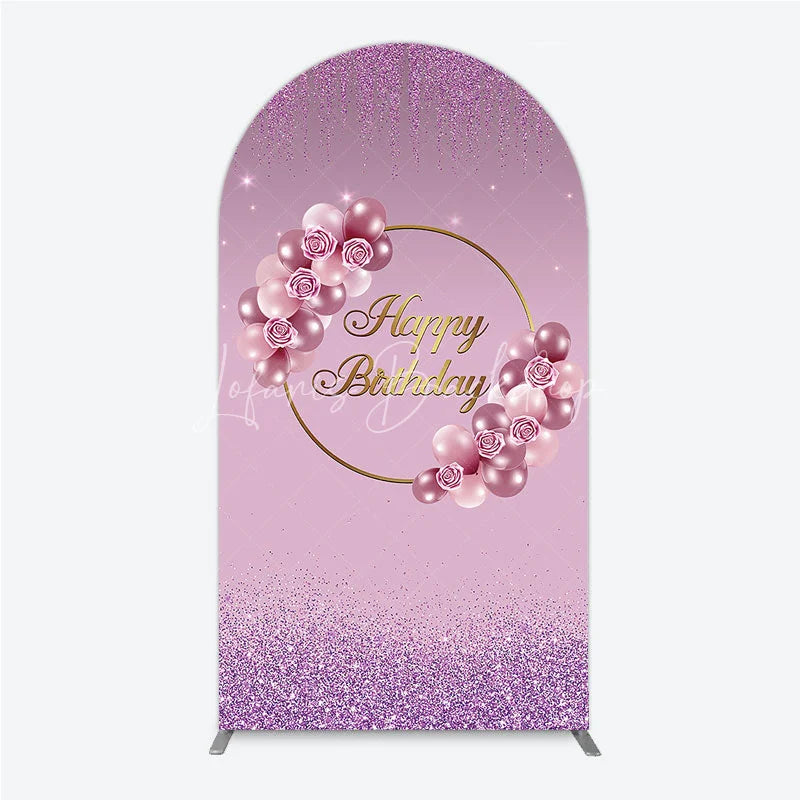 Lofaris Elegant Pink and Rose Gold Balloons with Roses Happy Birthday Arch Backdrop Kit Purple Glitter Party Decor
