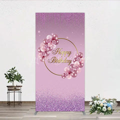 Lofaris Elegant Pink and Rose Gold Balloons with Roses Happy Birthday Rectangle Backdrop Kit Purple Glitter Party Decor