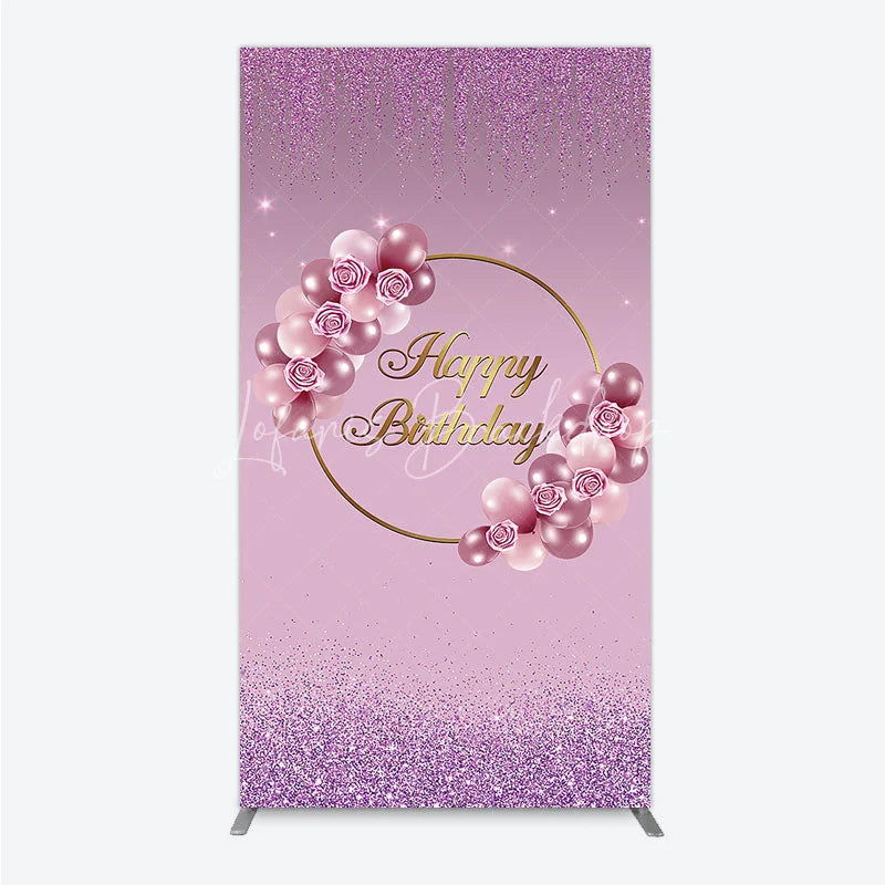 Lofaris Elegant Pink and Rose Gold Balloons with Roses Happy Birthday Rectangle Backdrop Kit Purple Glitter Party Decor
