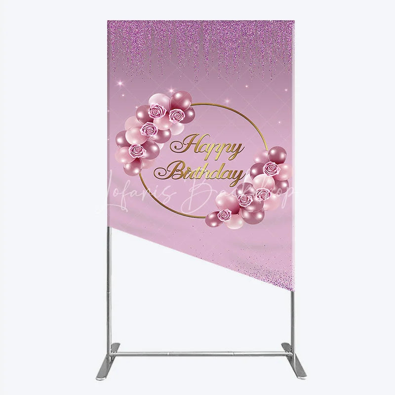 Lofaris Elegant Pink and Rose Gold Balloons with Roses Happy Birthday Rectangle Backdrop Kit Purple Glitter Party Decor
