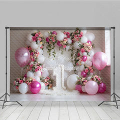Lofaris Elegant Pink and White Balloons Floral Photography Backdrop with Number One for First Birthday Celebration