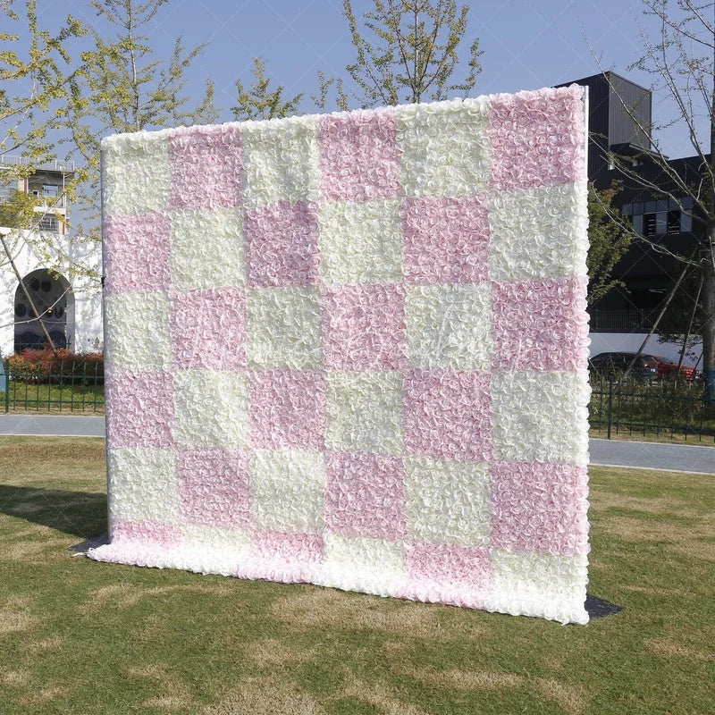 Lofaris Elegant Pink and White Checkerboard Artificial Flower Wall Romantic Rose Backdrop for Wedding Party Decor