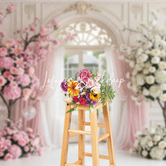 Lofaris Elegant Pink and White Floral Archway Photography Backdrop Garden Sheer Curtains Romantic Wedding Party Decor