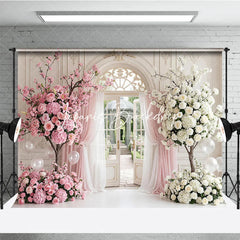 Lofaris Elegant Pink and White Floral Archway Photography Backdrop Garden Sheer Curtains Romantic Wedding Party Decor