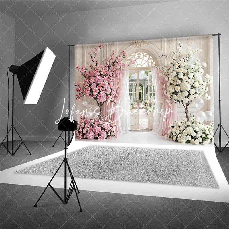 Lofaris Elegant Pink and White Floral Archway Photography Backdrop Garden Sheer Curtains Romantic Wedding Party Decor