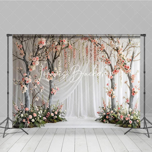Lofaris Elegant Pink and White Rose Tree Photography Backdrop with Hanging Flowers Romantic Garden Wedding Party Decor