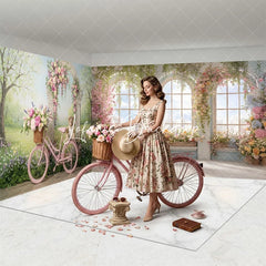 Lofaris Elegant Pink Bicycle Floral Archway Room Set Backdrop Spring Garden with Arched Windows and City View