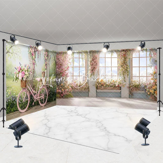 Lofaris Elegant Pink Bicycle Floral Archway Room Set Backdrop Spring Garden with Arched Windows and City View
