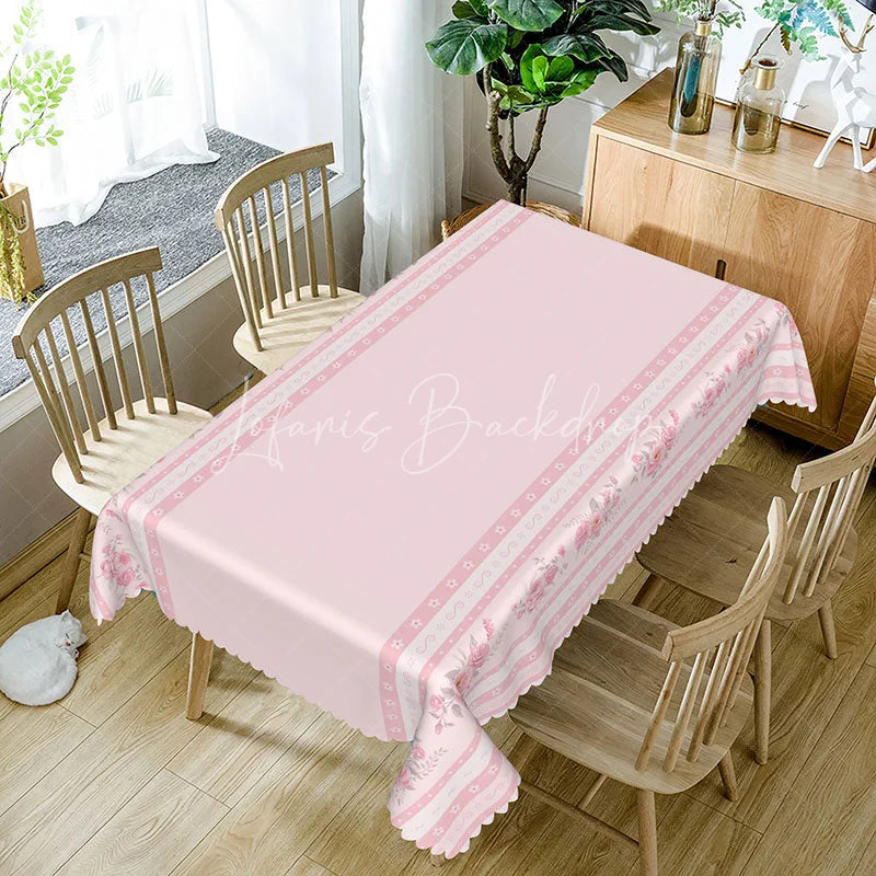 Lofaris Elegant Pink Border Rectangle Tablecloth Rose Floral Edge Design for Valentine Mother Day Dining Room Decor