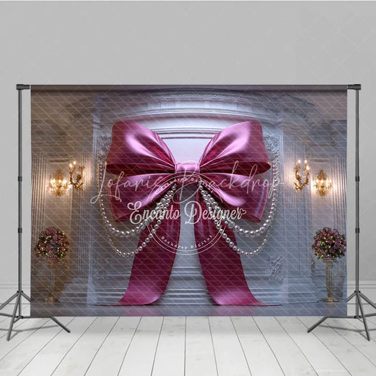 Lofaris Elegant Pink Bow and Pearl Photography Backdrop Luxurious White Wall Decor for Birthday Party Baby Shower