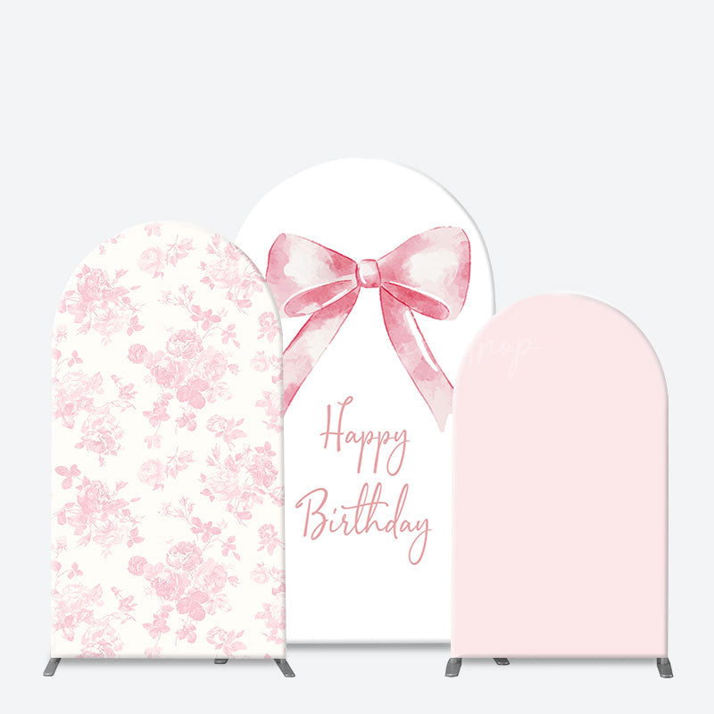 Lofaris Elegant Pink Bow Floral Happy Birthday Arch Backdrop