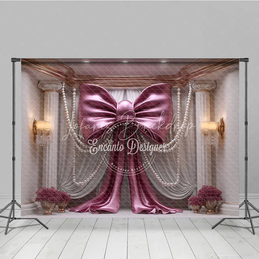 Lofaris Elegant Pink Bow with Pearl Strings Photography Backdrop Luxury Wedding and Party Decor