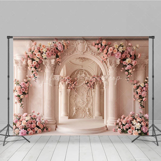 Lofaris Elegant Pink Floral Archway and Classical Columns Photography Backdrop Romantic Wedding Baby Shower Decor