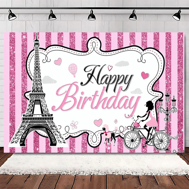 Lofaris Elegant Pink Floral Eiffel Tower Happy Birthday Backdrop Perfect Party Decoration for Women