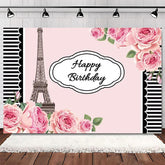 Lofaris Elegant Pink Floral Eiffel Tower Happy Birthday Backdrop Perfect Party Decoration for Women
