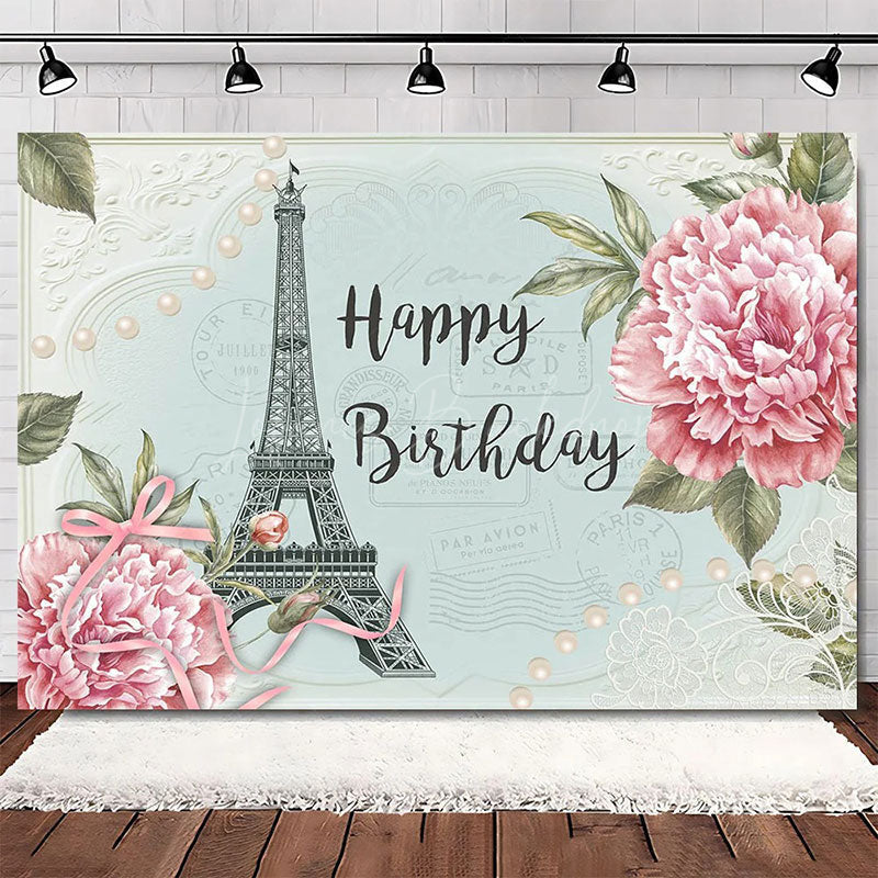 Lofaris Elegant Pink Floral Eiffel Tower Happy Birthday Backdrop Perfect Party Decoration for Women