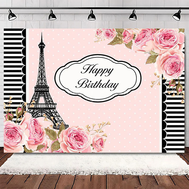Lofaris Elegant Pink Floral Eiffel Tower Happy Birthday Backdrop Perfect Party Decoration for Women