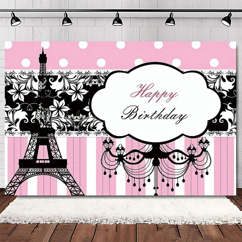 Lofaris Elegant Pink Floral Eiffel Tower Happy Birthday Backdrop Perfect Party Decoration for Women