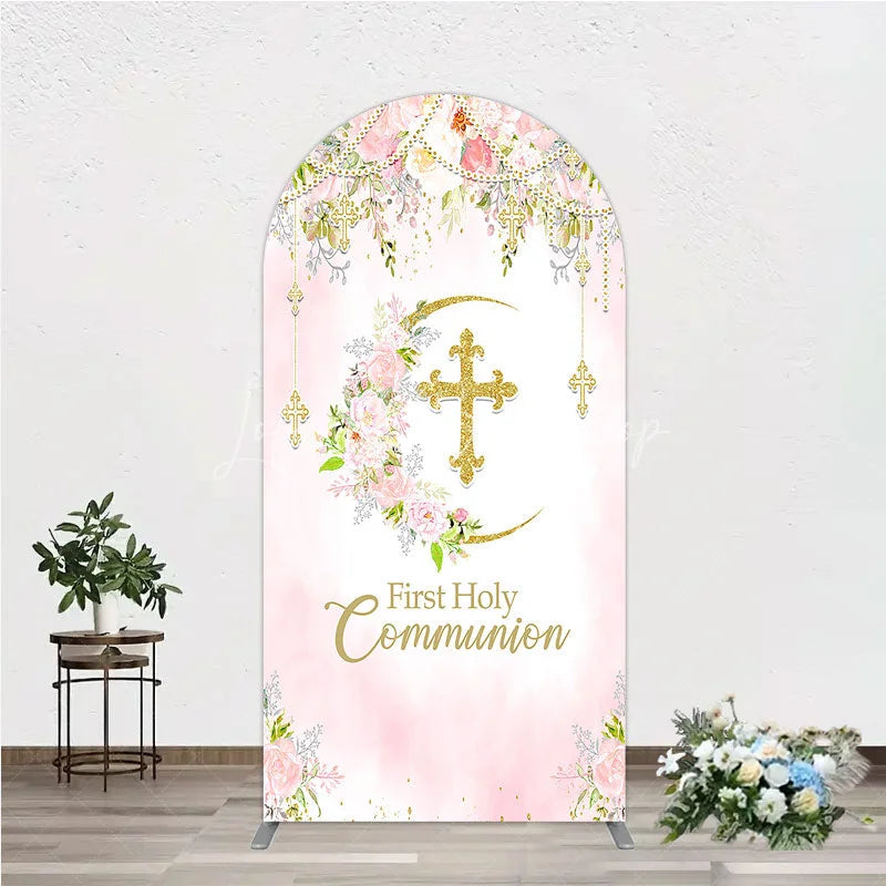 Lofaris Elegant Pink Floral First Holy Communion Round Top Arch Backdrop with Gold Cross Religious Party Decor