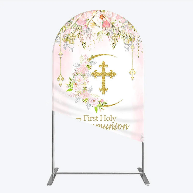 Lofaris Elegant Pink Floral First Holy Communion Round Top Arch Backdrop with Gold Cross Religious Party Decor