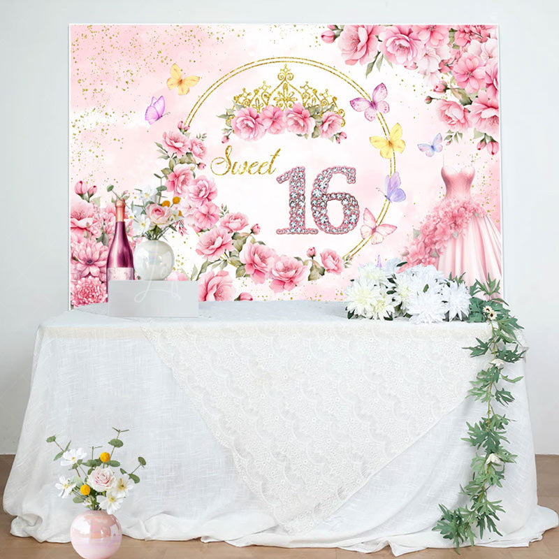 Lofaris Elegant Pink Flower Dress Sweet 16 Birthday Backdrop