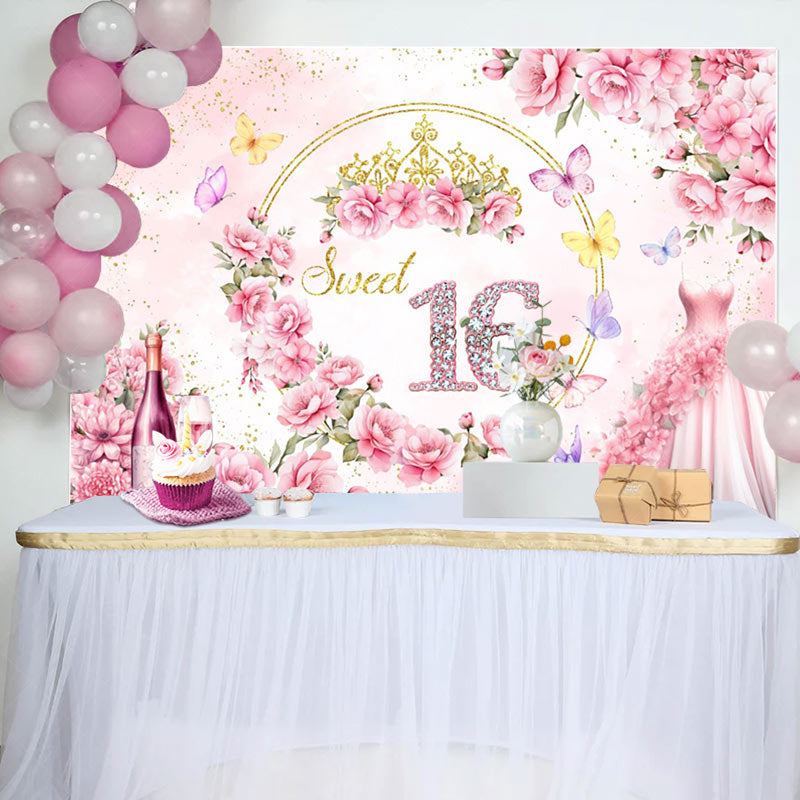 Lofaris Elegant Pink Flower Dress Sweet 16 Birthday Backdrop