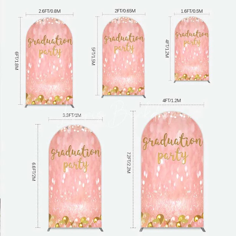 Lofaris Elegant Pink Glitter Graduation Party Arch Backdrop with Gold Balloons String Lights and Banners