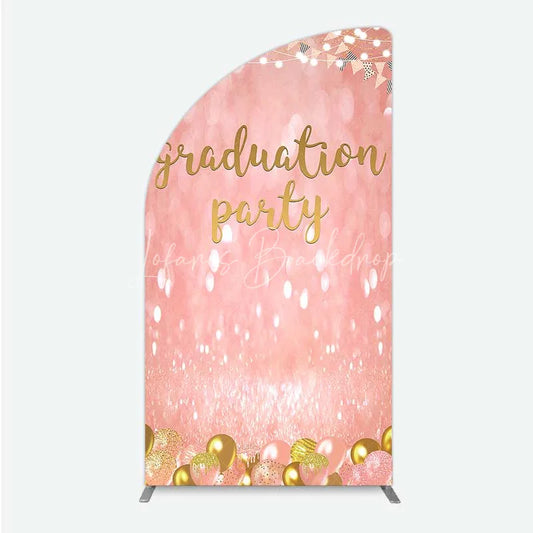 Lofaris Elegant Pink Glitter Graduation Party Half Moon Arch Backdrop with Gold Balloons String Lights and Banners