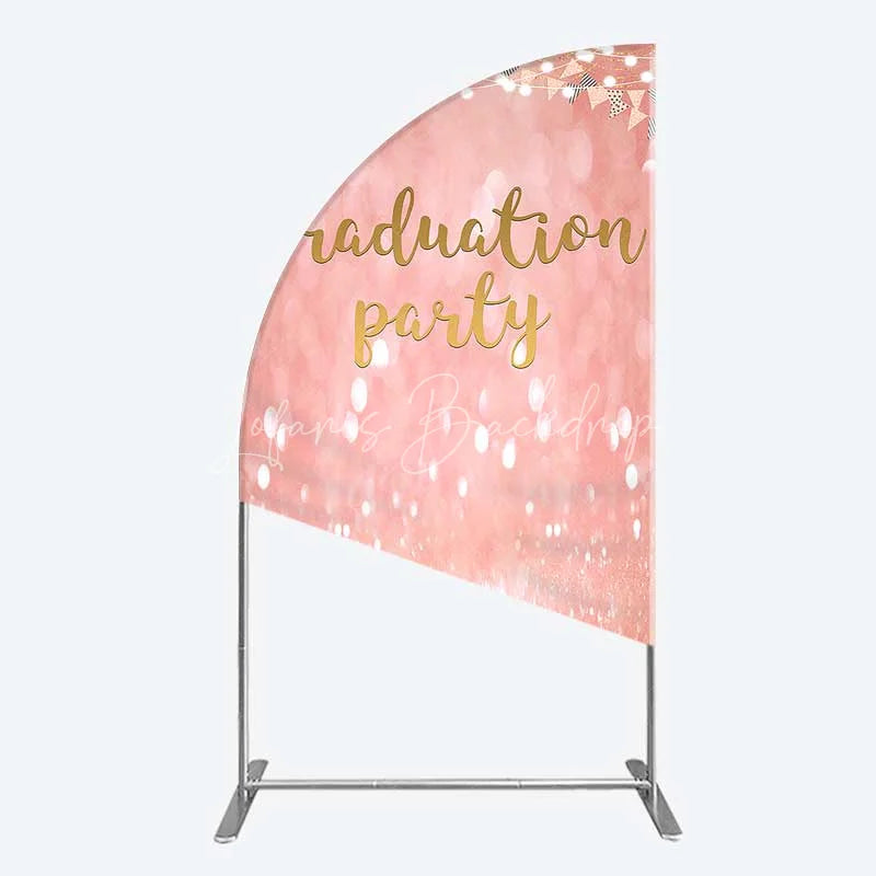 Lofaris Elegant Pink Glitter Graduation Party Half Moon Arch Backdrop with Gold Balloons String Lights and Banners