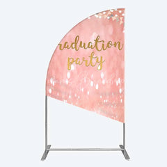 Lofaris Elegant Pink Glitter Graduation Party Half Moon Arch Backdrop with Gold Balloons String Lights and Banners