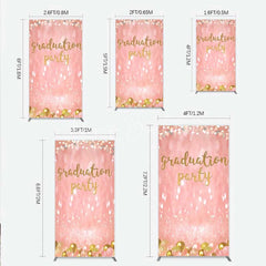 Lofaris Elegant Pink Glitter Graduation Party Rectangle Backdrop with Gold Balloons String Lights and Banners