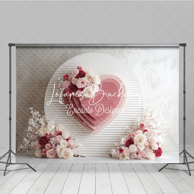 Lofaris Elegant Pink Layered Heart and Floral Round Photography Backdrop Romantic Valentine’s Day Wedding Decor