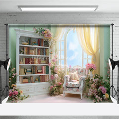 Lofaris Elegant Pink Library Photography Backdrop Bookshelf with Floral Arch Fairytale Wedding Photo Background