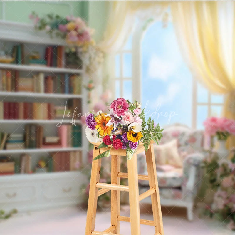Lofaris Elegant Pink Library Photography Backdrop Bookshelf with Floral Arch Fairytale Wedding Photo Background