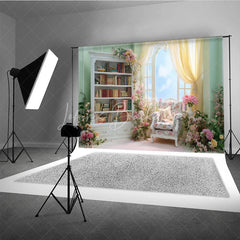 Lofaris Elegant Pink Library Photography Backdrop Bookshelf with Floral Arch Fairytale Wedding Photo Background
