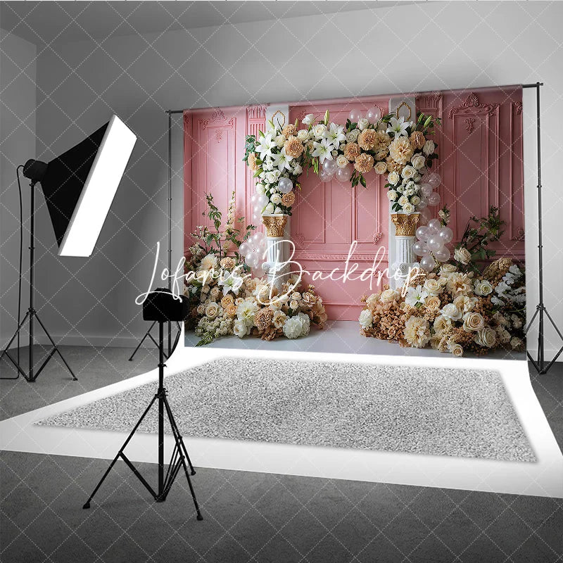 Lofaris Elegant Pink Paneled Wall Photography Backdrop with Lilies Cream Roses and Beige Dahlias Floral Arch Classical Columns