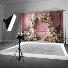 Lofaris Elegant Pink Paneled Wall Photography Backdrop with Lilies Cream Roses and Beige Dahlias Floral Arch Classical Columns