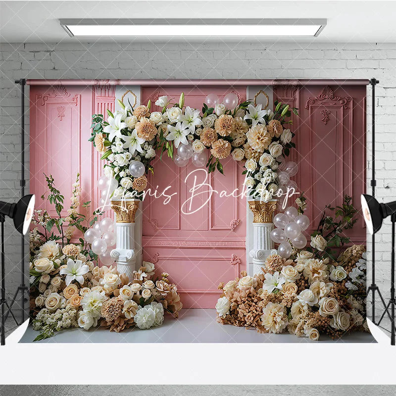 Lofaris Elegant Pink Paneled Wall Photography Backdrop with Lilies Cream Roses and Beige Dahlias Floral Arch Classical Columns