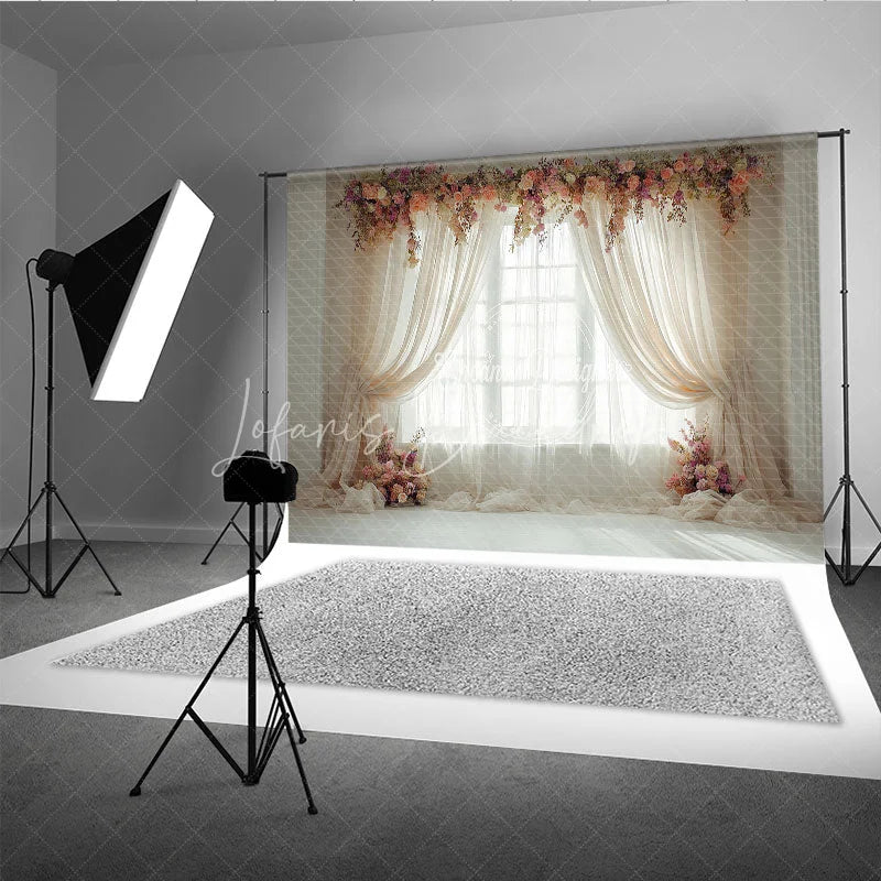 Lofaris Elegant Pink Peach Floral Window Photography Backdrop with Sheer Curtains Romantic Portrait Wedding Decor
