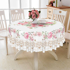 Lofaris Elegant Pink Rose Floral Round Tablecloth with Lace Border for Wedding Bridal Shower or Shabby Chic Decor