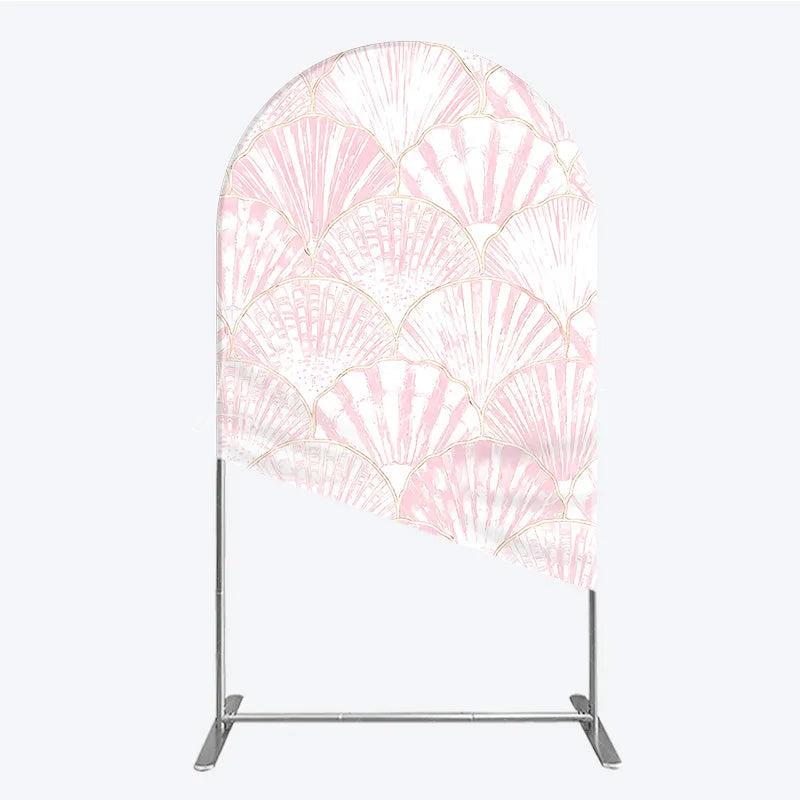 Lofaris Elegant Pink Scallop Shell Pattern Round Top Arch Backdrop with Golden Outline for Mermaid Theme Party Decor