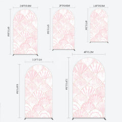 Lofaris Elegant Pink Scallop Shell Pattern Round Top Arch Backdrop with Golden Outline for Mermaid Theme Party Decor