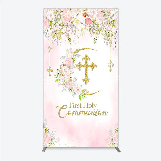 Lofaris Elegant Pink Watercolor First Holy Communion Rectangle Arch Backdrop with Gold Glitter Cross and Floral Wreath